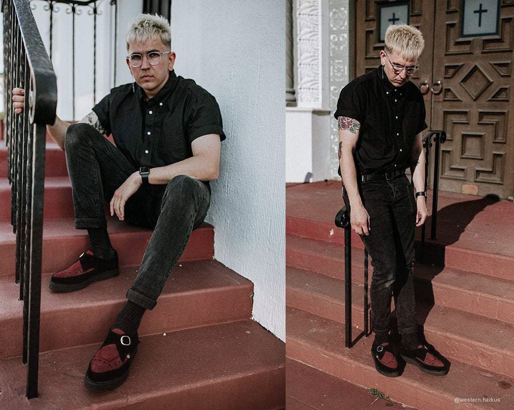 Black & Burgundy Suede Pointed Buckle Creeper - Image 8