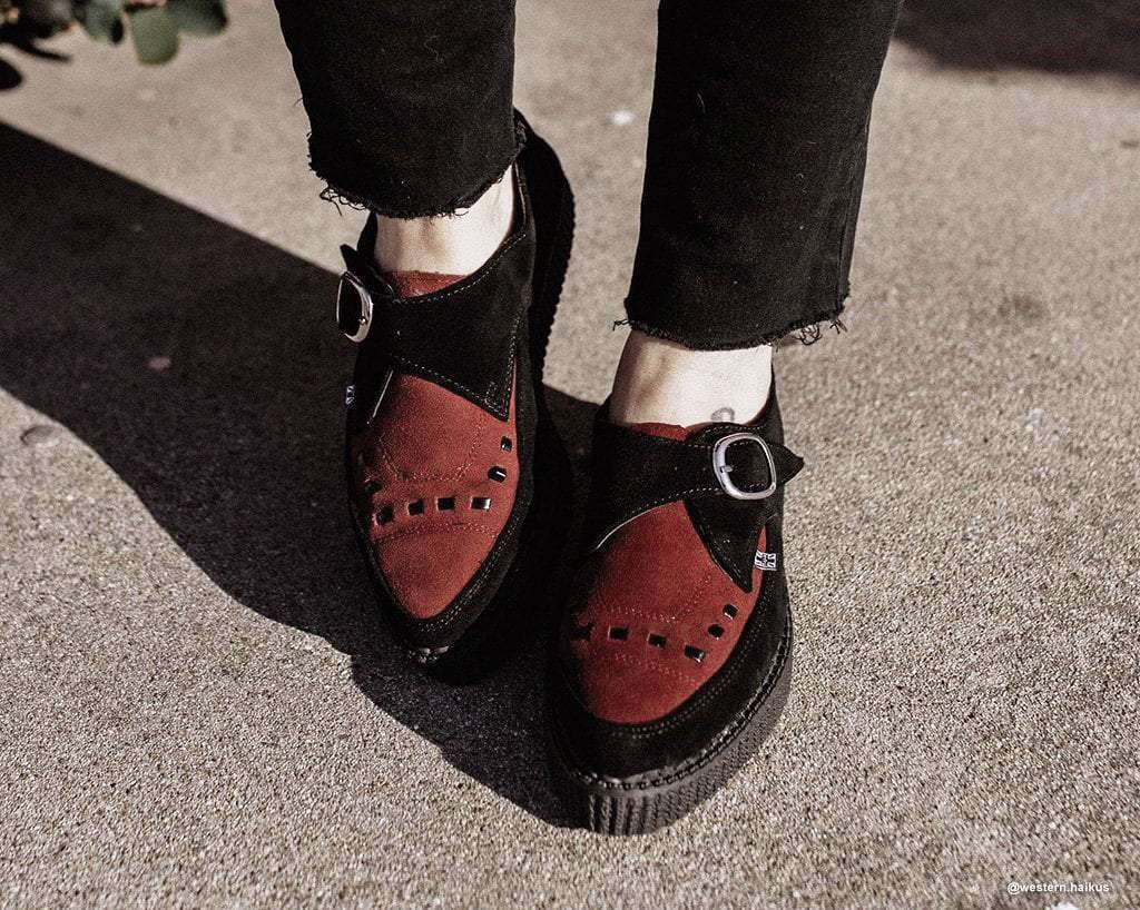 Black & Burgundy Suede Pointed Buckle Creeper - Image 2